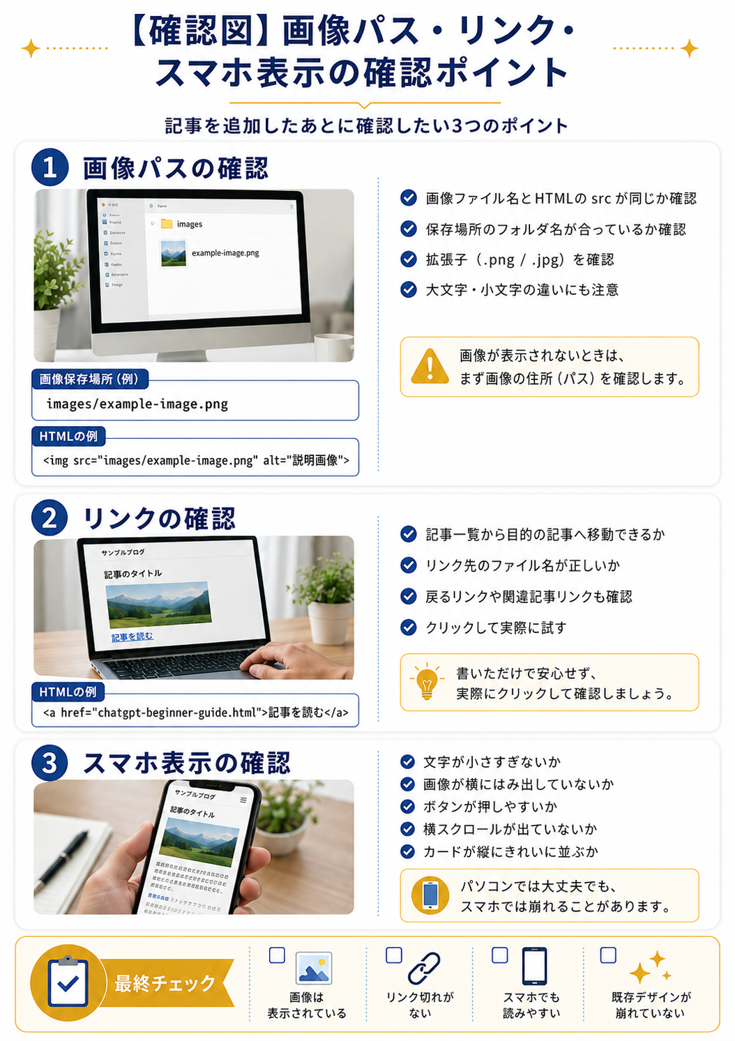 画像パス、リンク、スマホ表示の確認ポイントを説明する図解。画像ファイル名とHTMLのsrc、記事へのリンク、スマホでの見え方を確認する内容